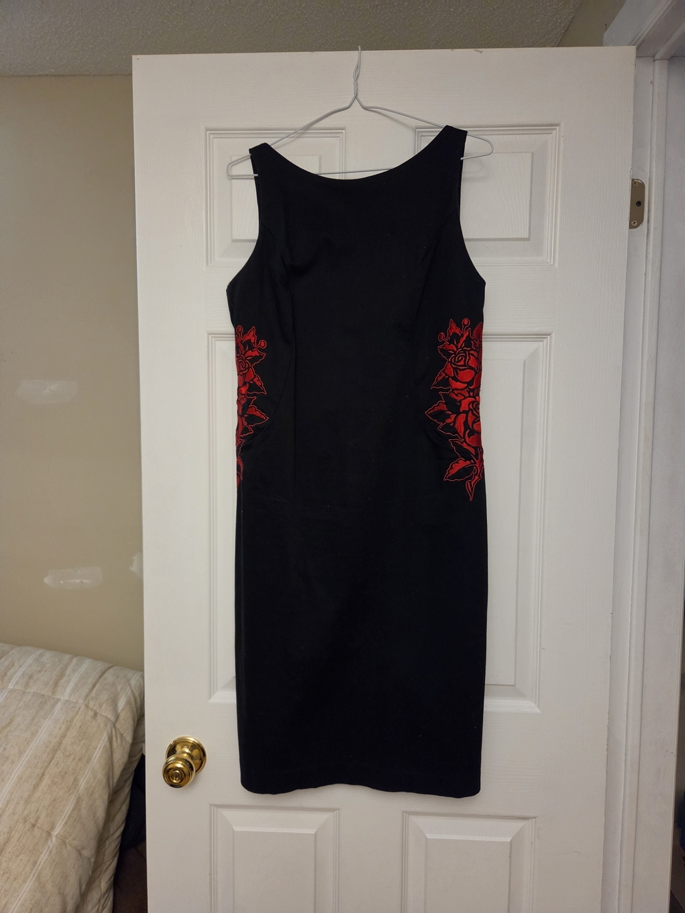 Sleeveless Black Midi Dress with Red Floral Side Embroidery